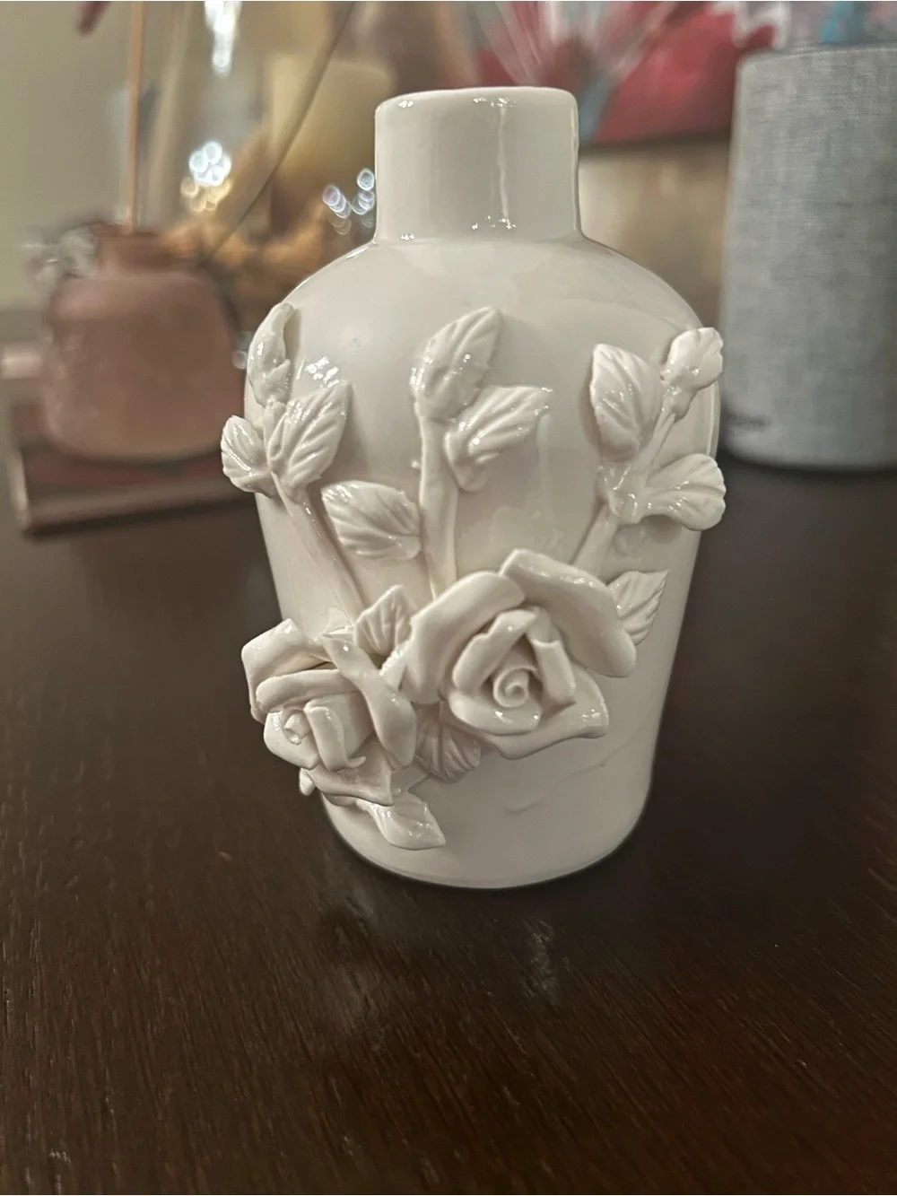 White Ceramic Vase with Raised Rose Applique — Decorative Accent